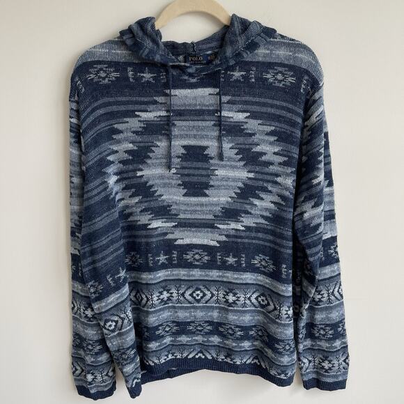 Polo Ralph Lauren 2XL Aztec Southwestern Knit Hoodie Sweater Blue Mens Size XXL - Picture 1 of 10